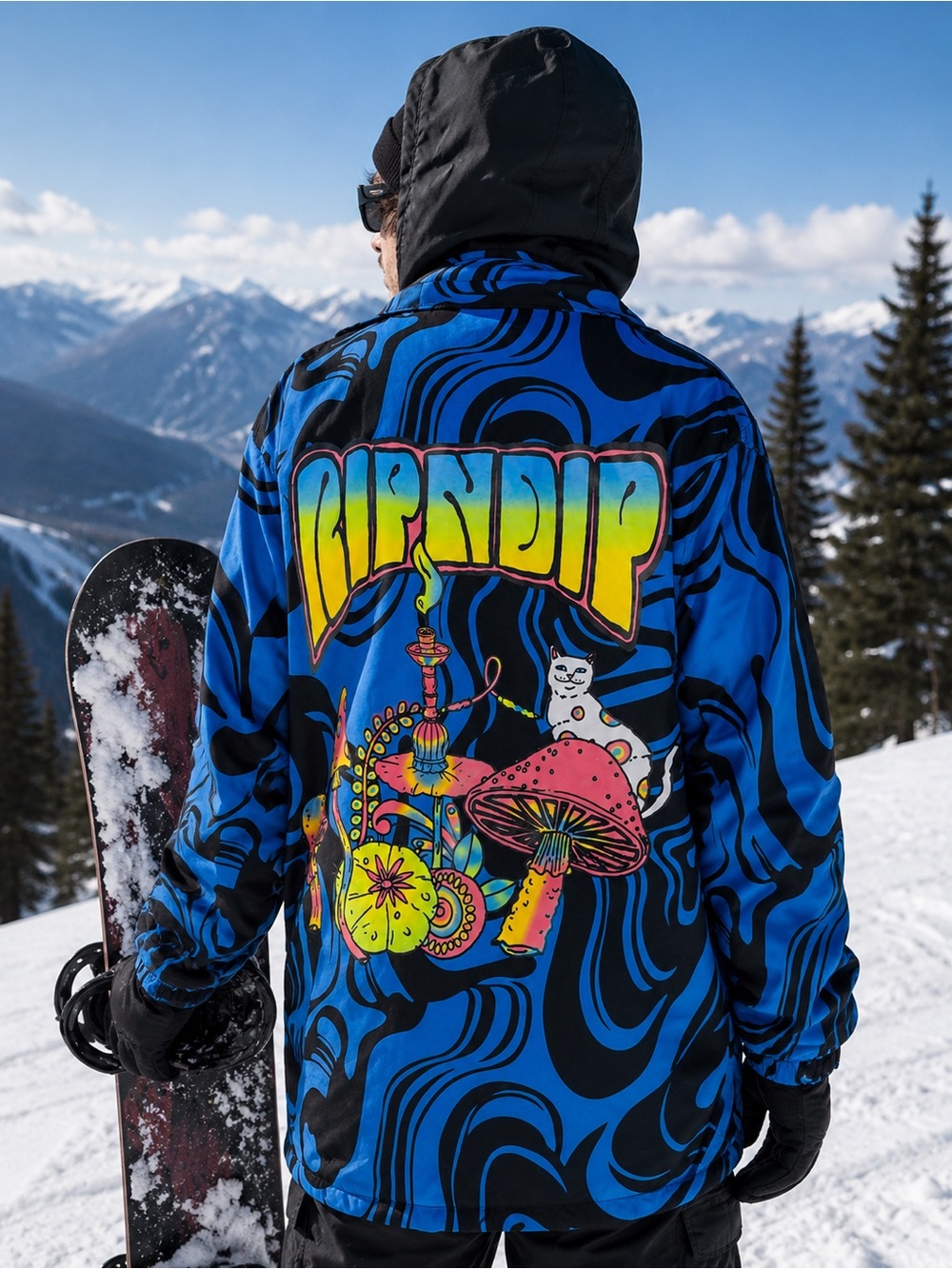 RIPNDIP Trippy Treat 10K Snowboard Jacket Blue Black Psychedelic Hooded Mens XL